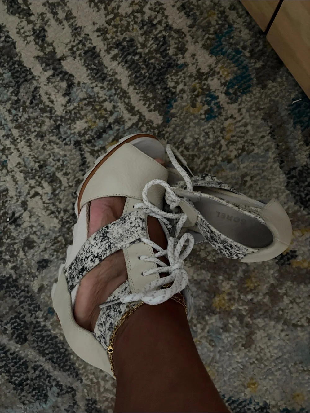 Sorel Cream Leather Wedge Sandals with Tan Logo Patch